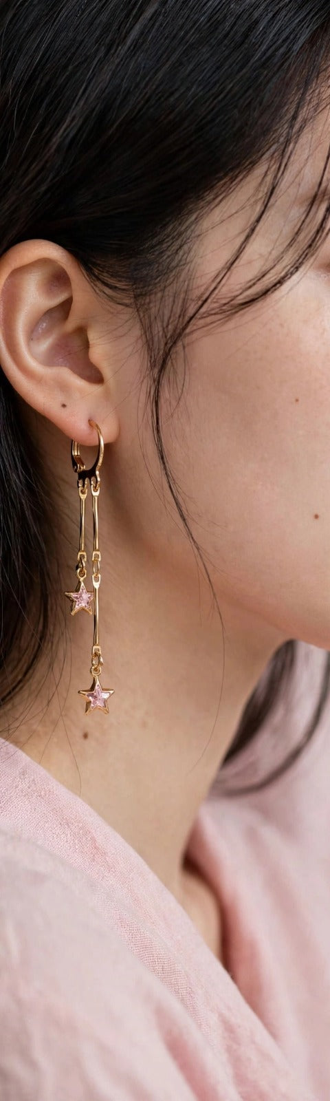 Baby Pink Star Double Drop Earrings - 22K Gold Plated Star Dangler Earrings | With 1 Year Guarantee MA STORE Pink Star Earrings - Long Chain Star Danglers for Girls - 22K Gold Plated Korean Earrings