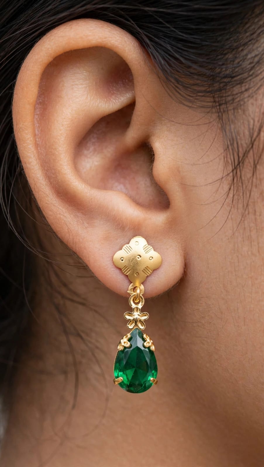 Emerald Green & Ruby Pink Teardrop Earrings - 22K Gold Plated Dangler Earrings for Women - Small Daily Wear Earrings