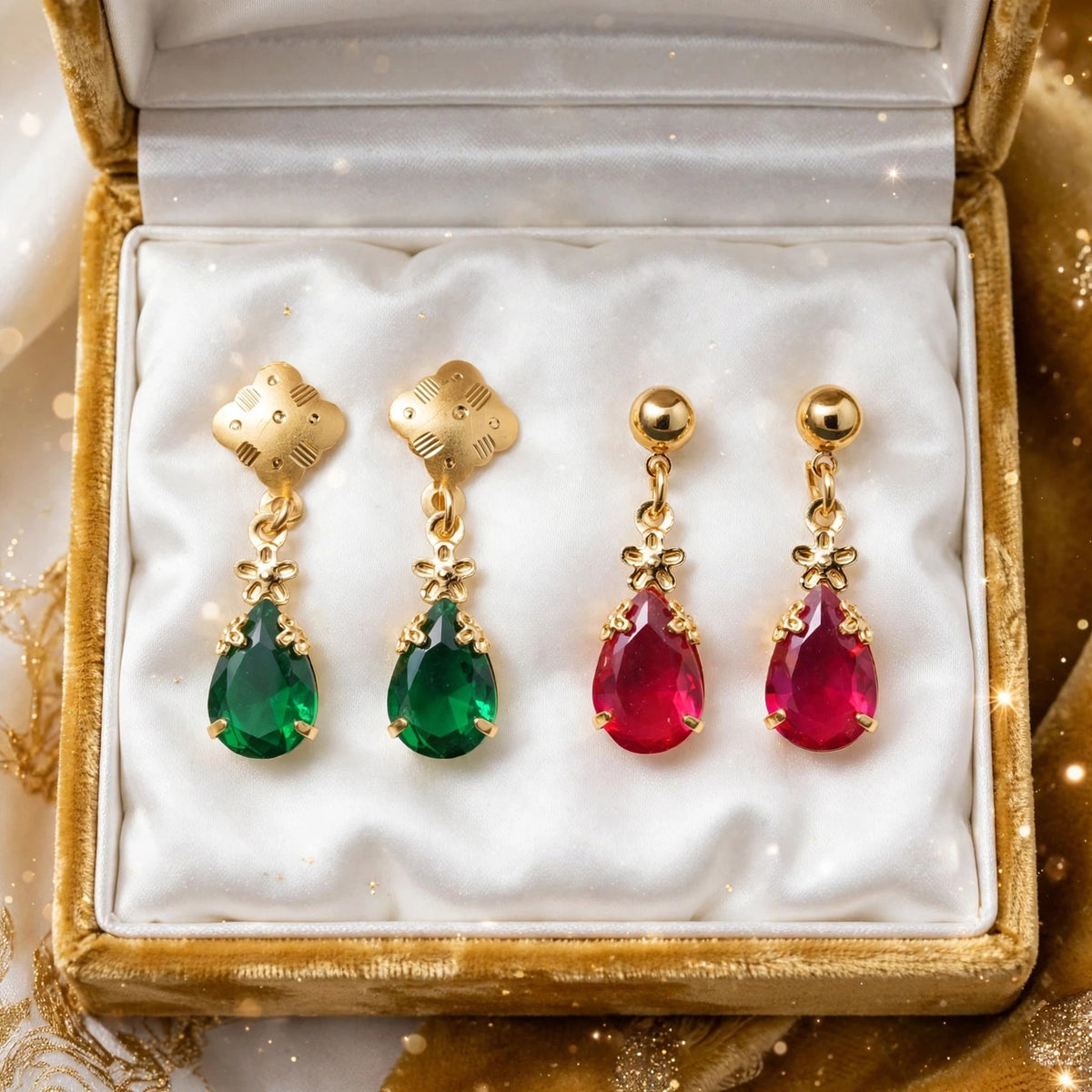 Emerald Green & Ruby Pink Teardrop Earrings - 22K Gold Plated Dangler Earrings for Women - Small Daily Wear Earrings