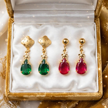 Emerald Green & Ruby Pink Teardrop Earrings - 22K Gold Plated Dangler Earrings for Women - Small Daily Wear Earrings