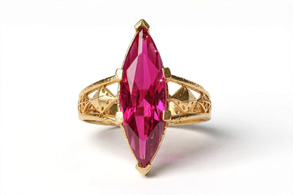 Rani Pink Marquise Ring - 22K Gold Plated Long Nav Shape Cocktail Ring with Jali Work | With 1 Year Guarantee