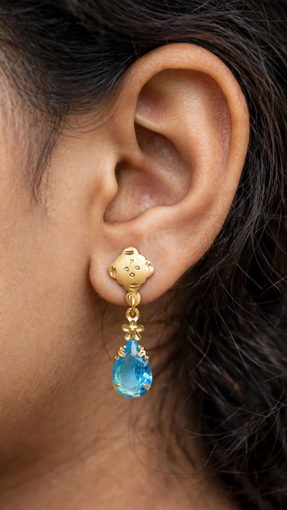 Combo of 2 - Aqua Blue & Ruby Red Teardrop Earrings - 22K Gold Plated Dangler Earrings - Small Drop Earrings for Girls