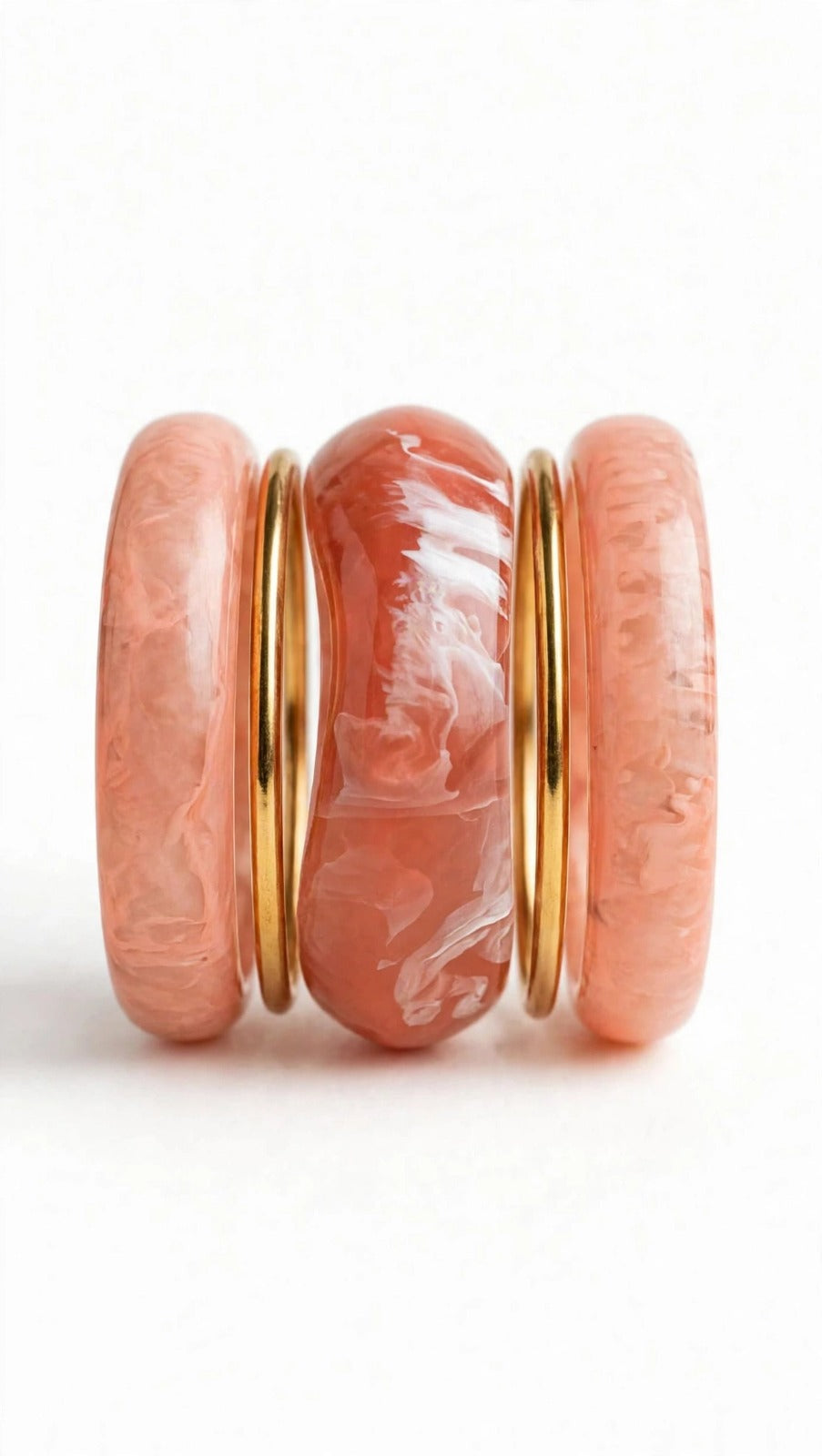 Peach Blush Acrylic Bangle Stack - Set of 5 Bangles | Pink Marble Resin Bangles | 22K Gold Plated With 1 Year Guarantee MA STORE Peach Pink Acrylic Bangle Set - Set of 5 - Blush Marble Resin Chunky Bangles Price: