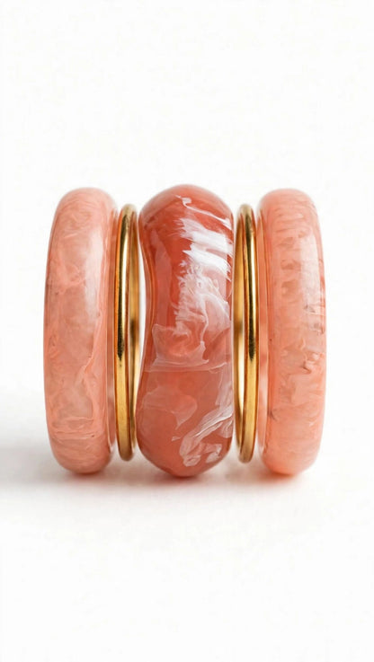 Peach Blush Acrylic Bangle Stack - Set of 5 Bangles | Pink Marble Resin Bangles | 22K Gold Plated With 1 Year Guarantee MA STORE Peach Pink Acrylic Bangle Set - Set of 5 - Blush Marble Resin Chunky Bangles Price: