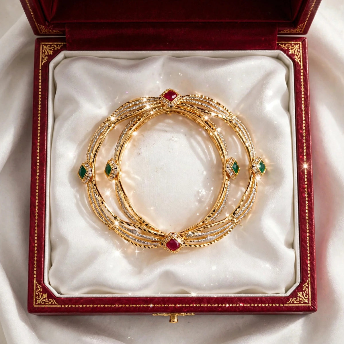 Ruby Red & Emerald Green Diamond Bangle Pair - 22K Gold Plated Wave Kada Set | 1 Year Guarantee MA STORE Red Green Stone Bangle Pair - Bridal Kada Set of 2 - Ruby Emerald AD Bangles 22K Gold Plated