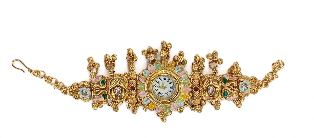 Rajwadi Bajuband Watch - 22K Gold Plated Antique Bajubandh / Armlet with Watch | Meena Work Bridal Bajuband | With 1 Year Guarantee