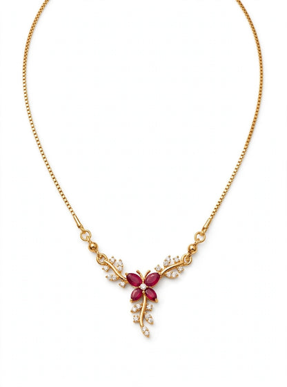 Ruby Flower Leaf Necklace - 22K Gold Plated V-Necklace for Women | With 1 Year Guarantee