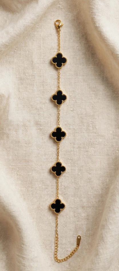Black Clover Bracelet for Women - 5 Motif Van Flower Bracelet - 22K Gold Plated Black Four Leaf Clover Bracelet | Premium Quality | With 1 Year Guarantee MA STORE Black Clover Bracelet - 5 Flower Bracelet - Four Leaf Bracelet for Women - Anti Tarnish