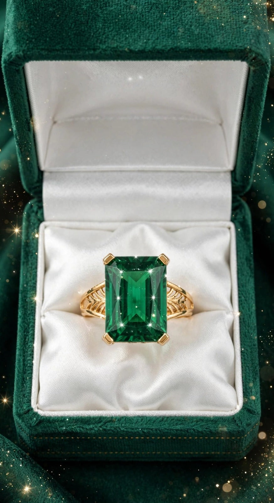 Emerald Green Rectangle Ring - 22K Gold Plated Big Stone Adjustable Ring | With 1 Year Guarantee MA STORE Green Stone Ring - Emerald Cut Panna Ring - 22K Gold Plated Cocktail Ring
