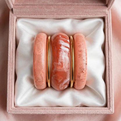 Peach Blush Acrylic Bangle Stack - Set of 5 Bangles | Pink Marble Resin Bangles | 22K Gold Plated With 1 Year Guarantee MA STORE Peach Pink Acrylic Bangle Set - Set of 5 - Blush Marble Resin Chunky Bangles Price: