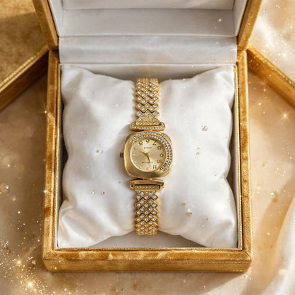 Gold Full Diamond Chain Watch for Women - Square Cushion Dial Bracelet Watch with AD Studded Chain | Party Wear Quartz Watch | With 1 Year Guarantee