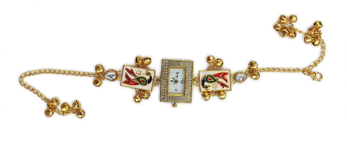 Peacock Bajuband Watch Bracelet - 22K Gold Plated Rectangular Dial Watch with Meena Work & Ghungroo | Bridal Armlet | With 1 Year Guarantee