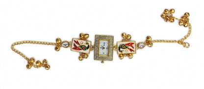 Peacock Bajuband Watch Bracelet - 22K Gold Plated Rectangular Dial Watch with Meena Work & Ghungroo | Bridal Armlet | With 1 Year Guarantee
