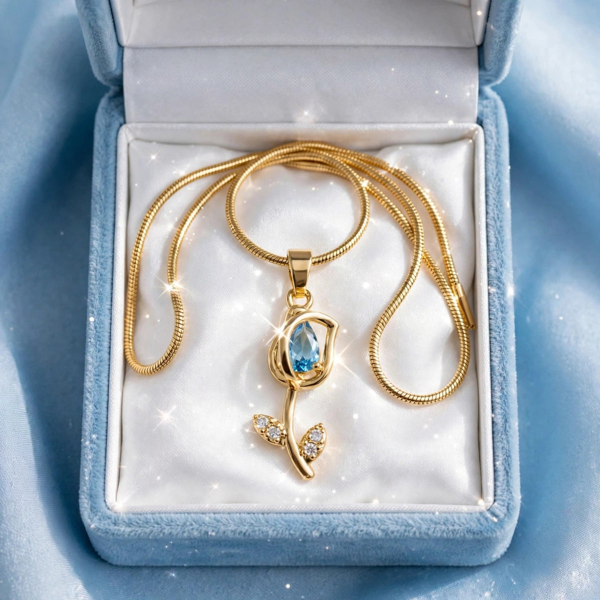Blue Tulip Rose Pendant Necklace - 22K Gold Plated Korean Chain with Blue Stone | With 1 Year Guarantee MA STORE Blue Tulip Necklace - Rose Pendant Chain - 22K Gold Plated Korean Necklace for Girls