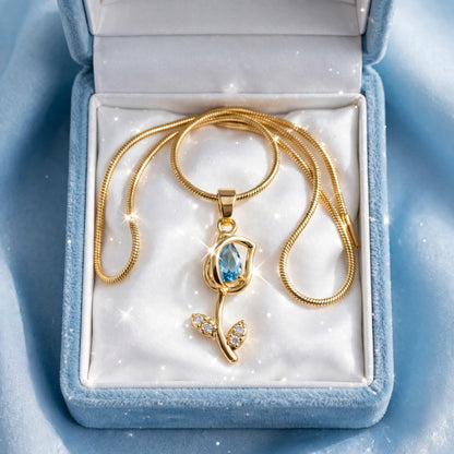 Blue Tulip Rose Pendant Necklace - 22K Gold Plated Korean Chain with Blue Stone | With 1 Year Guarantee MA STORE Blue Tulip Necklace - Rose Pendant Chain - 22K Gold Plated Korean Necklace for Girls