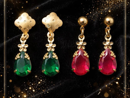 Emerald Green & Ruby Pink Teardrop Earrings - 22K Gold Plated Dangler Earrings for Women - Small Daily Wear Earrings