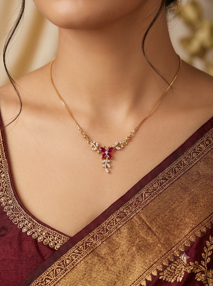Ruby Flower Leaf Necklace - 22K Gold Plated V-Necklace for Women | With 1 Year Guarantee