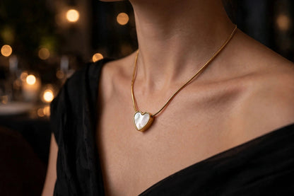 White Heart Shell Necklace - 22K Gold Plated Mother of Pearl Heart Chain | With 1 Year Guarantee MA STORE White Heart Necklace - MOP Heart Chain - 22K Gold Plated Minimal Necklace