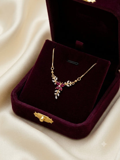 Ruby Flower Leaf Necklace - 22K Gold Plated V-Necklace for Women | With 1 Year Guarantee