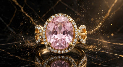 Baby Pink Oval Ring - 22K Gold Plated Morganite Look Cocktail Ring with White Diamond Halo | With 1 Year Guarantee
