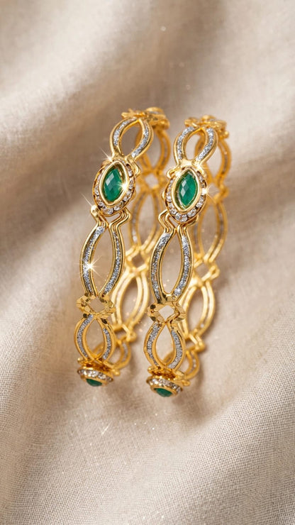 Green Stone Kada Set - Pair of 2 Bangles for Women - Emerald American Diamond Bangles 22K Gold Plated MA STORE Green Stone Kada Set - Pair of 2 Bangles for Women - Emerald American Diamond Bangles 22K Gold Plated
