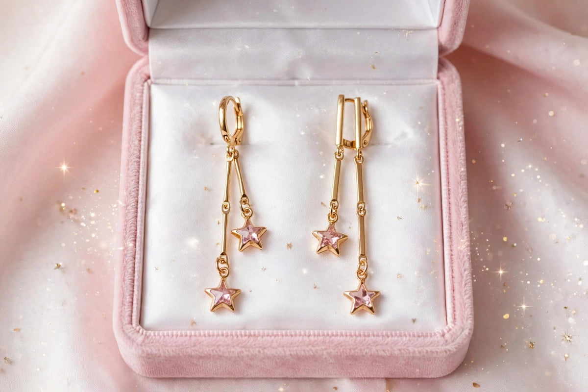 Baby Pink Star Double Drop Earrings - 22K Gold Plated Star Dangler Earrings | With 1 Year Guarantee MA STORE Pink Star Earrings - Long Chain Star Danglers for Girls - 22K Gold Plated Korean Earrings