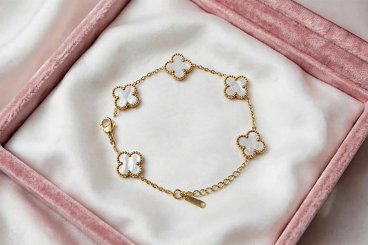 White Clover Bracelet for Women - 5 Motif Mother of Pearl Bracelet - 22K Gold Plated White Four Leaf Clover Bracelet | Premium Anti Tarnish