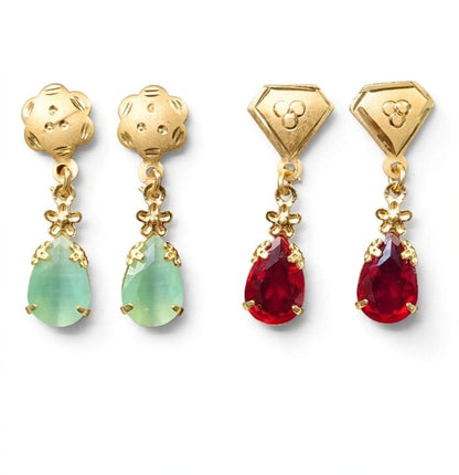 Combo of 2 - Mint Green & Ruby Red Teardrop Earrings - 22K Gold Plated Dangler Earrings for Women - Daily Wear Small Earrings