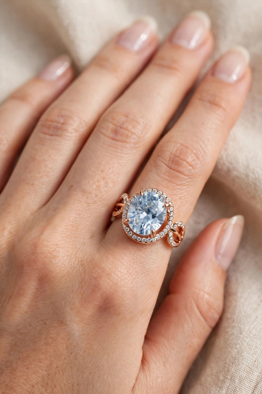 Round Diamond Halo Ring - Rose Gold Plated Adjustable Cocktail Ring with Big Stone | With 1 Year Guarantee MA STORE Diamond Ring - Rose Gold Ring - Adjustable Cocktail Ring for Women