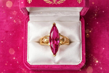 Rani Pink Marquise Ring - 22K Gold Plated Long Nav Shape Cocktail Ring with Jali Work | With 1 Year Guarantee