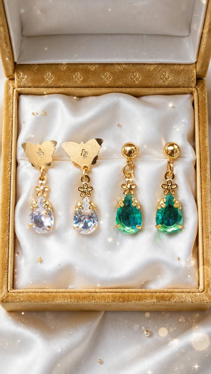 Combo of 2 - Clear White & Teal Green Teardrop Earrings - 22K Gold Plated Dangler Earrings - Butterfly Top Daily Wear Earrings