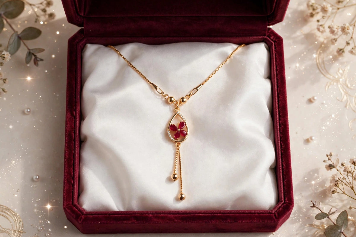 Red Flower Teardrop Pendant Necklace - 22K Gold Plated Box Chain with Ball Drops | With 1 Year Guarantee MA STORE Red Flower Necklace - Teardrop Pendant Chain - 22K Gold Plated Daily Wear