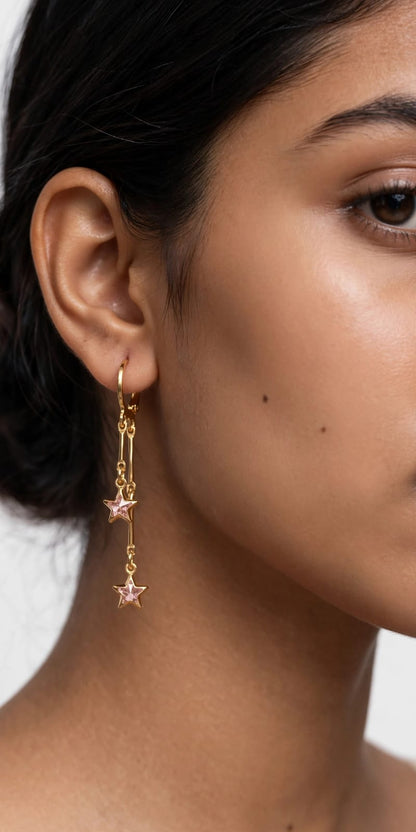 Baby Pink Star Double Drop Earrings - 22K Gold Plated Star Dangler Earrings | With 1 Year Guarantee MA STORE Pink Star Earrings - Long Chain Star Danglers for Girls - 22K Gold Plated Korean Earrings