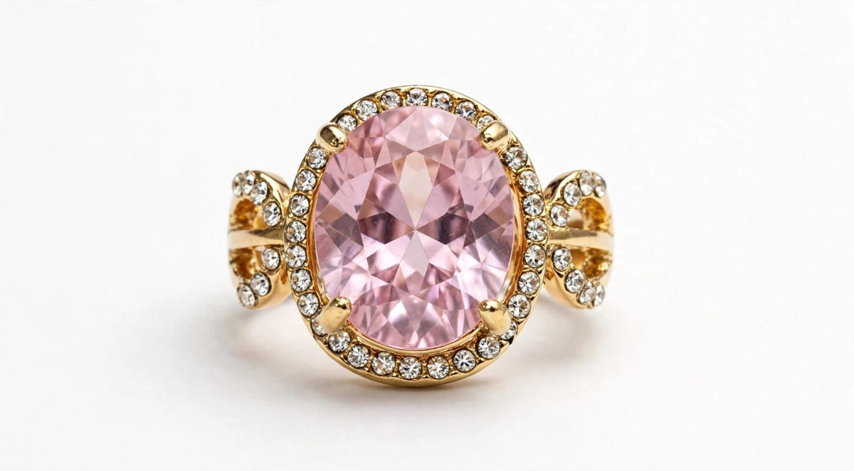 Baby Pink Oval Ring - 22K Gold Plated Morganite Look Cocktail Ring with White Diamond Halo | With 1 Year Guarantee