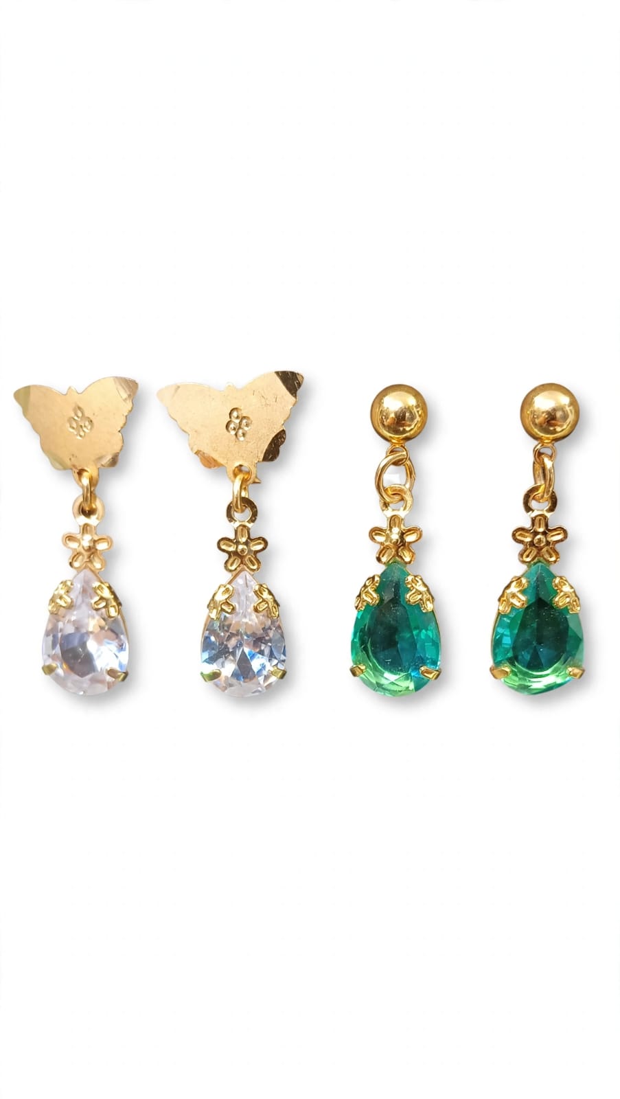 Combo of 2 - Clear White & Teal Green Teardrop Earrings - 22K Gold Plated Dangler Earrings - Butterfly Top Daily Wear Earrings