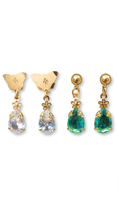 Combo of 2 - Clear White & Teal Green Teardrop Earrings - 22K Gold Plated Dangler Earrings - Butterfly Top Daily Wear Earrings