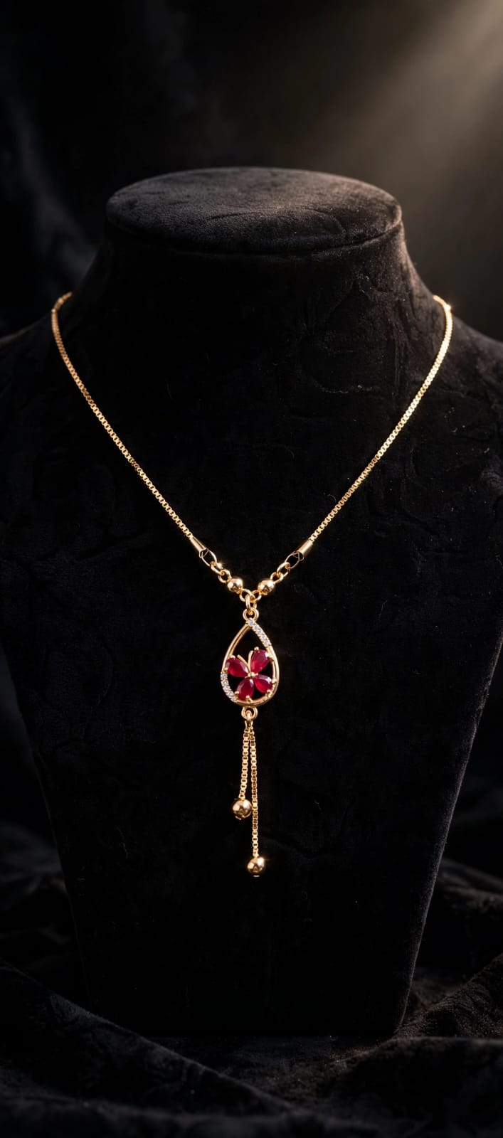 Red Flower Teardrop Pendant Necklace - 22K Gold Plated Box Chain with Ball Drops | With 1 Year Guarantee MA STORE Red Flower Necklace - Teardrop Pendant Chain - 22K Gold Plated Daily Wear