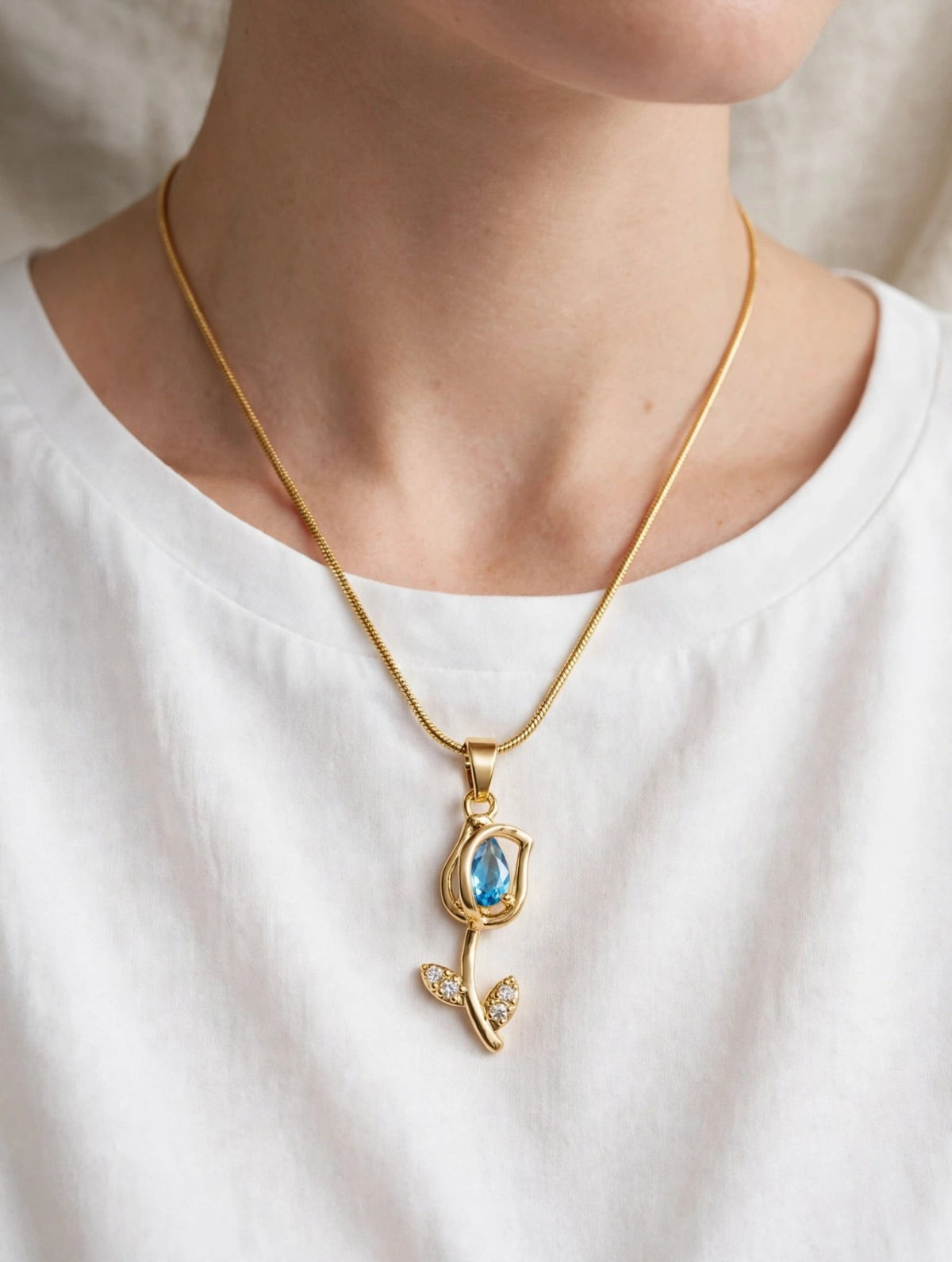 Blue Tulip Rose Pendant Necklace - 22K Gold Plated Korean Chain with Blue Stone | With 1 Year Guarantee MA STORE Blue Tulip Necklace - Rose Pendant Chain - 22K Gold Plated Korean Necklace for Girls