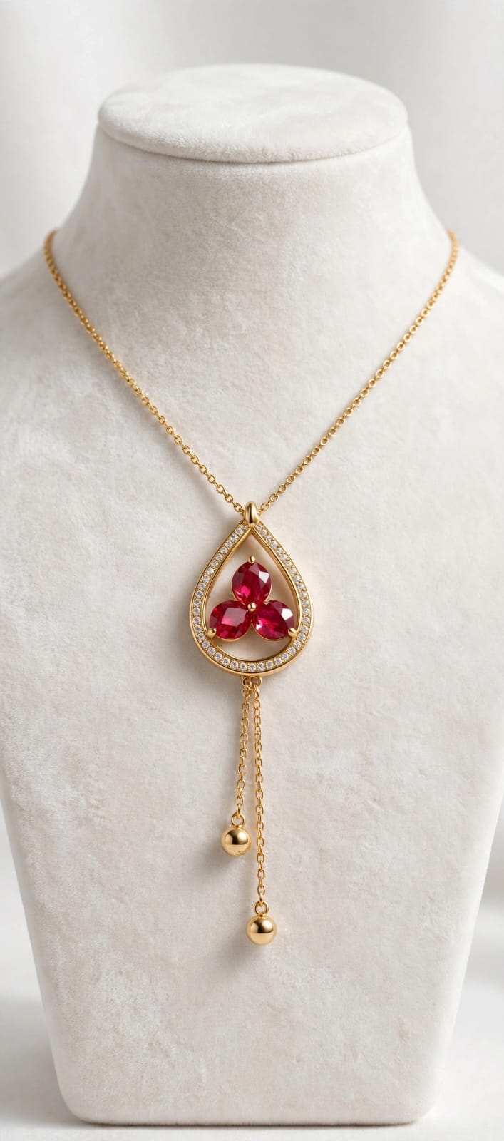 Red Flower Teardrop Pendant Necklace - 22K Gold Plated Box Chain with Ball Drops | With 1 Year Guarantee MA STORE Red Flower Necklace - Teardrop Pendant Chain - 22K Gold Plated Daily Wear