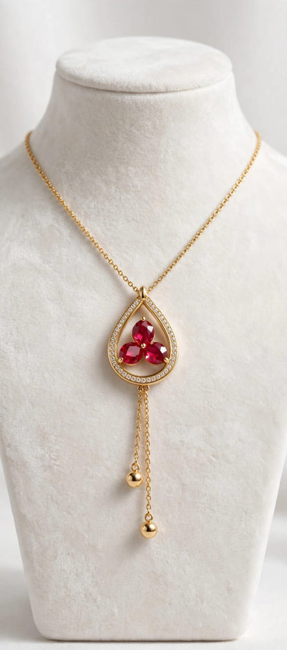 Red Flower Teardrop Pendant Necklace - 22K Gold Plated Box Chain with Ball Drops | With 1 Year Guarantee MA STORE Red Flower Necklace - Teardrop Pendant Chain - 22K Gold Plated Daily Wear