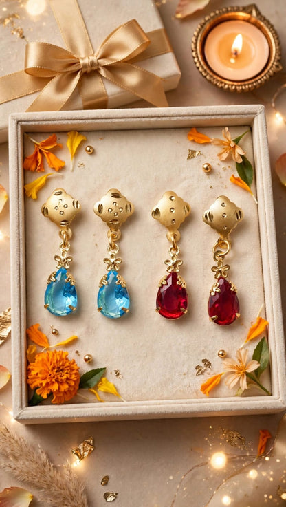 Combo of 2 - Aqua Blue & Ruby Red Teardrop Earrings - 22K Gold Plated Dangler Earrings - Small Drop Earrings for Girls
