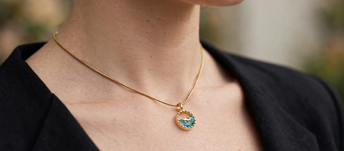 Dolphin Ocean Pendant Necklace - 22K Gold Plated Blue Crystal Chain for Girls | With 1 Year Guarantee MA STORE Dolphin Necklace - Ocean Blue Pendant Chain - 22K Gold Plated Minimal Necklace