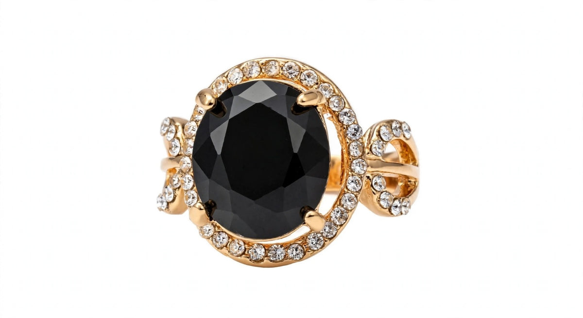 Black Onyx Oval Ring - 22K Gold Plated Adjustable Cocktail Ring with White Halo | With 1 Year Guarantee MA STORE Black Stone Ring - Oval Cocktail Ring for Women - 22K Gold Plated Adjustable