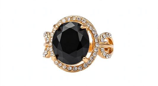 Black Onyx Oval Ring - 22K Gold Plated Adjustable Cocktail Ring with White Halo | With 1 Year Guarantee MA STORE Black Stone Ring - Oval Cocktail Ring for Women - 22K Gold Plated Adjustable