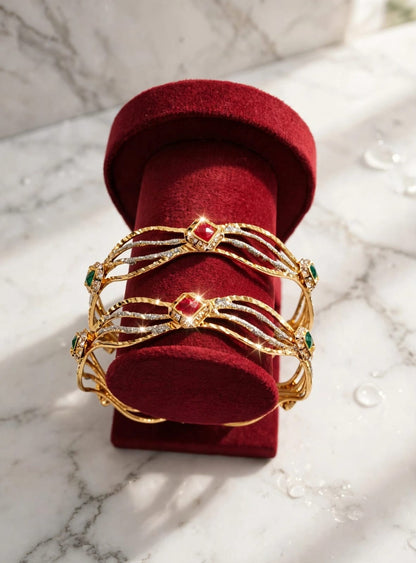 Ruby Red & Emerald Green Diamond Bangle Pair - 22K Gold Plated Wave Kada Set | 1 Year Guarantee MA STORE Red Green Stone Bangle Pair - Bridal Kada Set of 2 - Ruby Emerald AD Bangles 22K Gold Plated