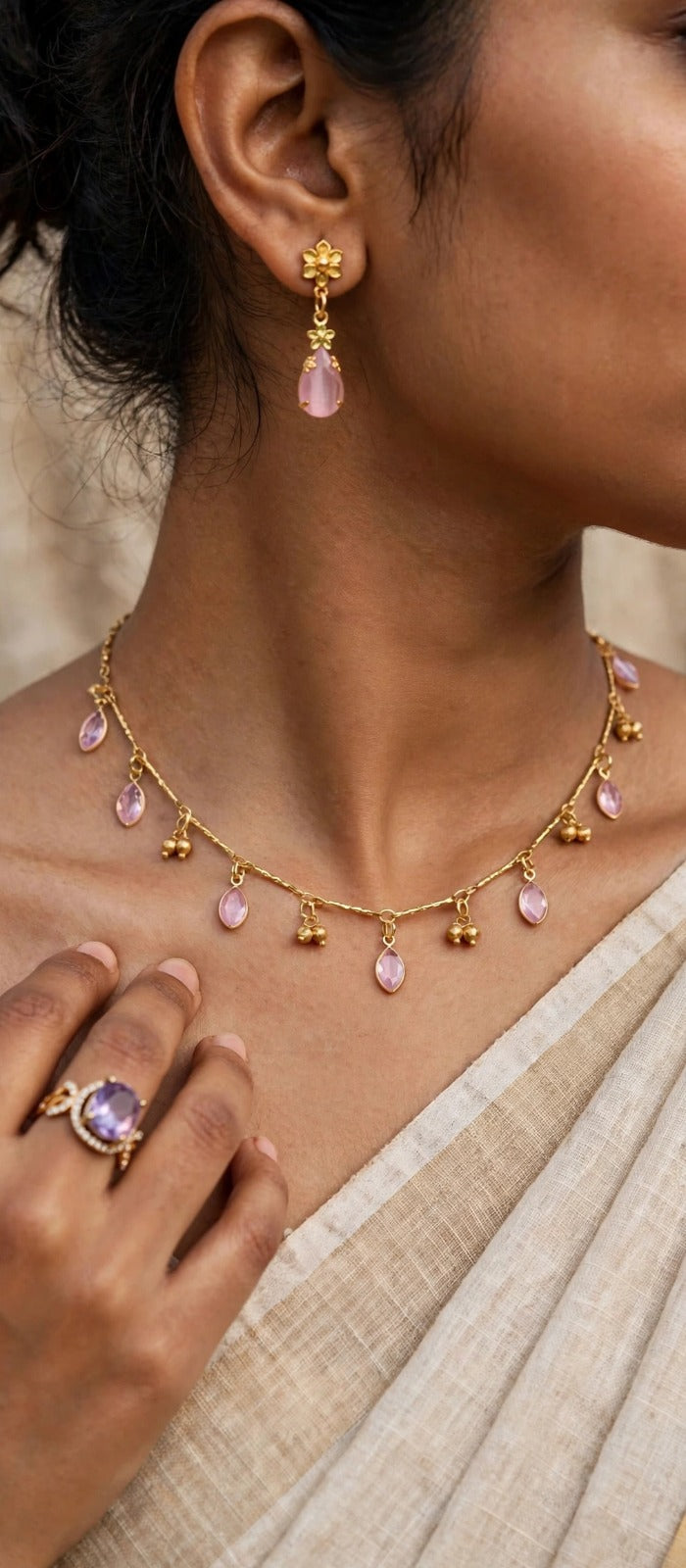 Pink Drop Necklace Combo Set - 22K Gold Plated Necklace with Earrings & Ring - 3 in 1 Jewelry Combo Set for Women | Party Wear