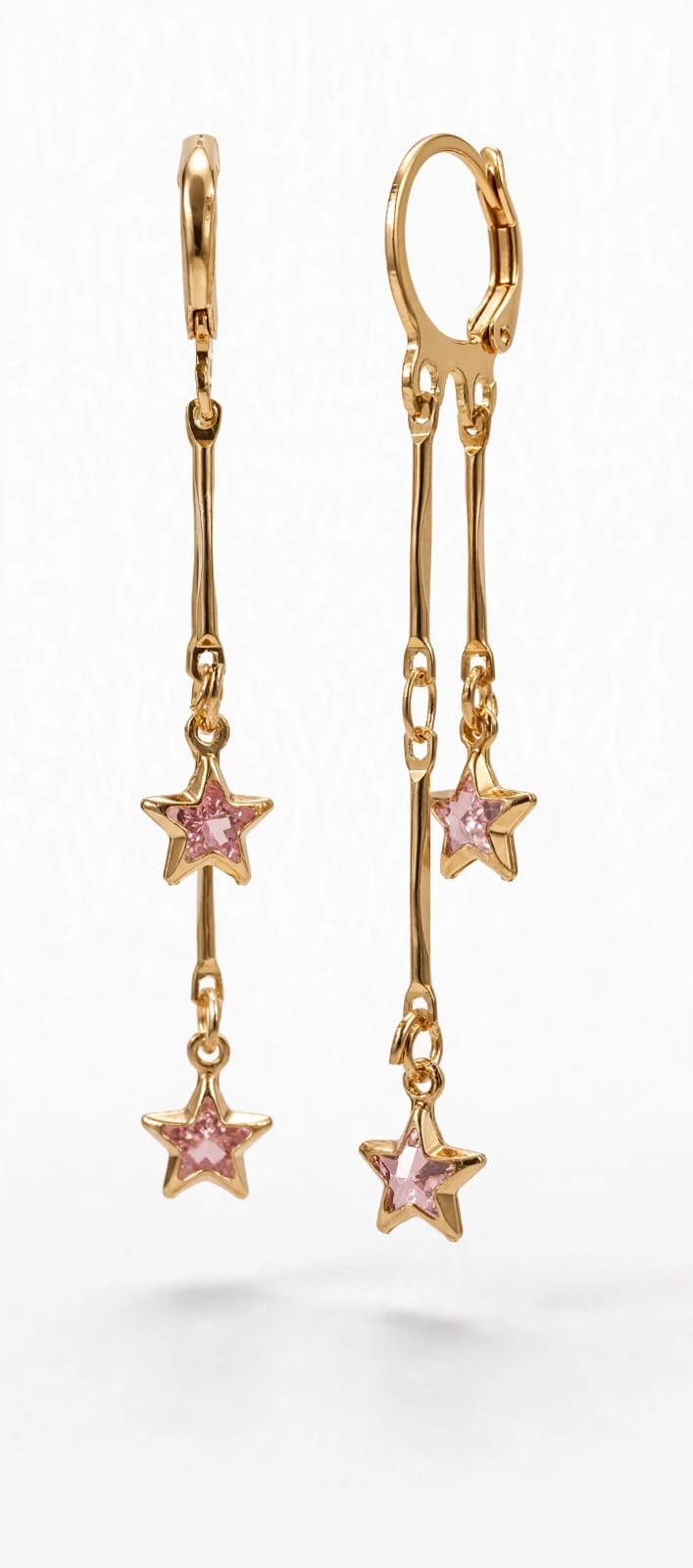 Baby Pink Star Double Drop Earrings - 22K Gold Plated Star Dangler Earrings | With 1 Year Guarantee MA STORE Pink Star Earrings - Long Chain Star Danglers for Girls - 22K Gold Plated Korean Earrings