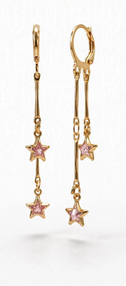 Baby Pink Star Double Drop Earrings - 22K Gold Plated Star Dangler Earrings | With 1 Year Guarantee MA STORE Pink Star Earrings - Long Chain Star Danglers for Girls - 22K Gold Plated Korean Earrings
