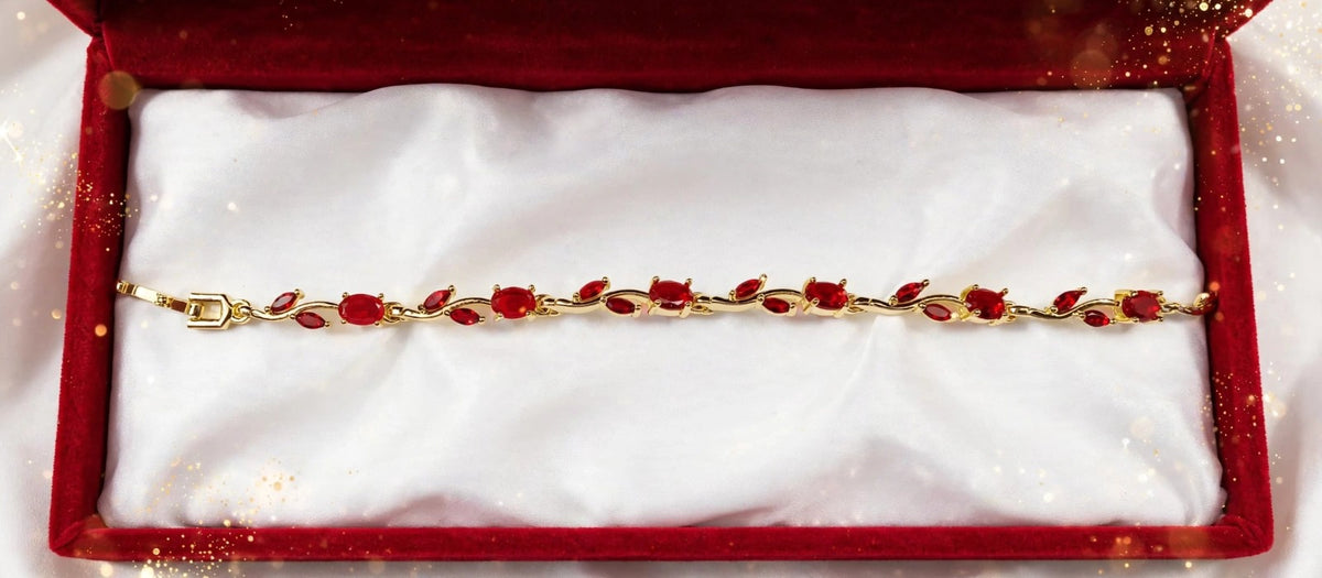 Ruby Red Crystal Vine Bracelet - 22K Gold Plated Floral Bracelet | 1 Year Guarantee. MA STORE Red Stone Leaf Bracelet for Women - Ruby Floral Vine Bracelet 22K Gold Plated