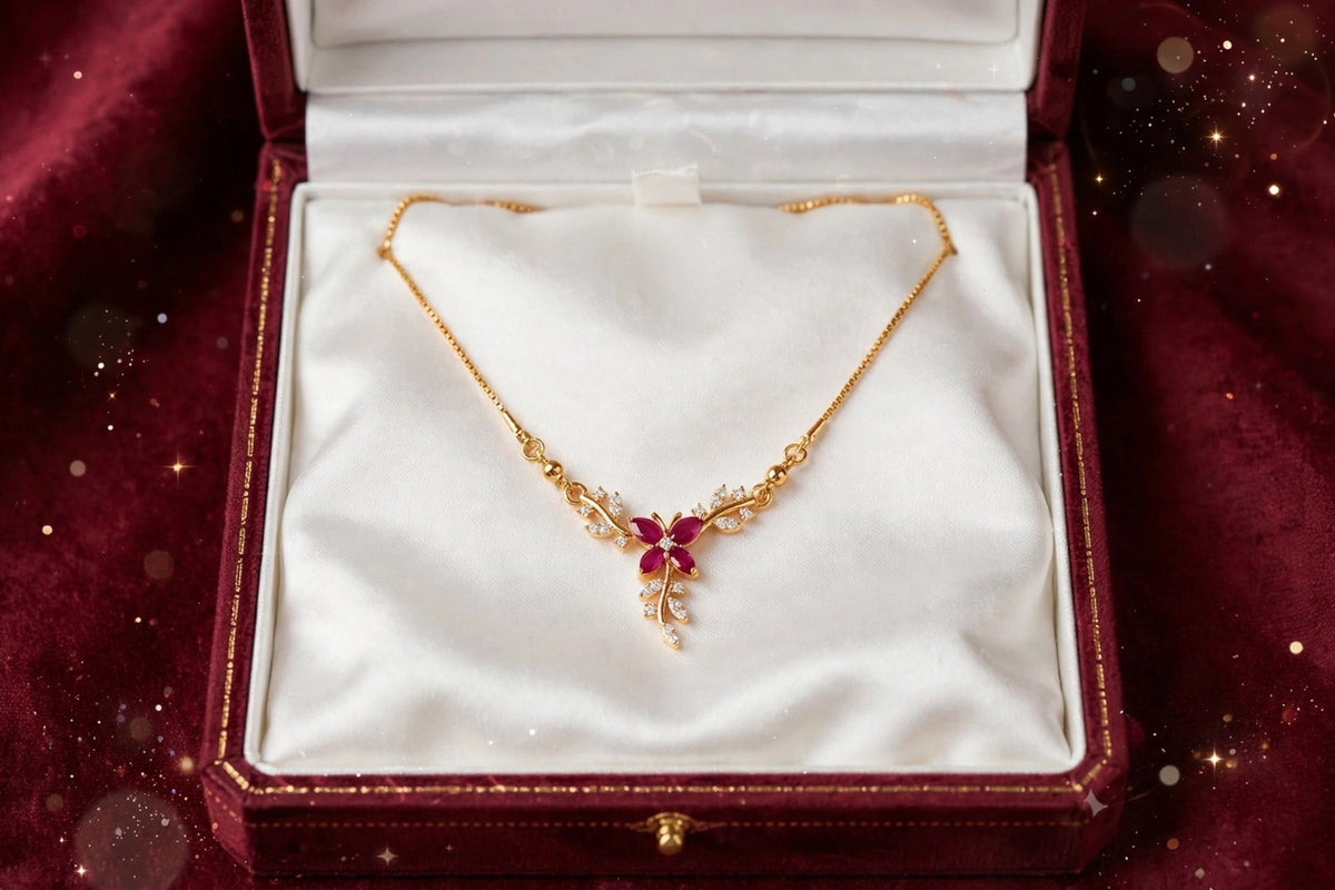 Ruby Flower Leaf Necklace - 22K Gold Plated V-Necklace for Women | With 1 Year Guarantee